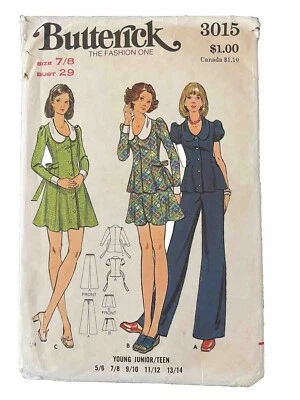 3015 Size 7/8 Bust 29 BUTTERICK Short Mini DRESS SKIRT Button TOP PANTS 1970s - Image 1 of 2