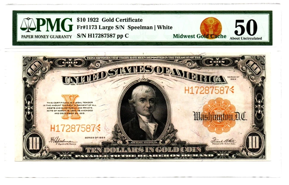 Fr. 1173 1922 Gold Certificate PMG About Uncirculated 50 - Image 1 of 2