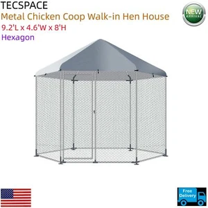 Ginkman 9.2'L x 4.6'W x 8'H Metal Chicken Coop Walk-in Hen House (Hexagon) - Picture 1 of 13