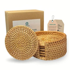 Handmade Natural Rattan Coasters for Drinks, Wicker Boho Woven Set of 6 With ... - Picture 1 of 8