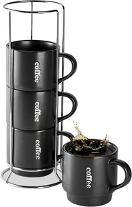 Matte Black Coffee Mug Set 15oz Stackable Porcelain Tea Cups with Rack Set of 4 - Picture 1 of 12