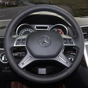Top Black Leather Steering Wheel White Stitching Wrap Fit For Mercedes GL350 - Picture 1 of 8