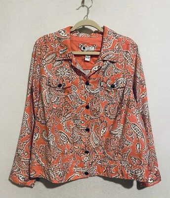 Carole Little Jacket Womens 2X Pink Brown Paisley Linen Metal Buttons Western - Image 1 of 4