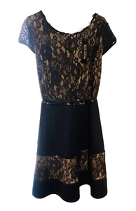 Karin Stevens Plus Sz 22 Navy Blue Nude Dress Belted Lace Floral - Picture 1 of 10
