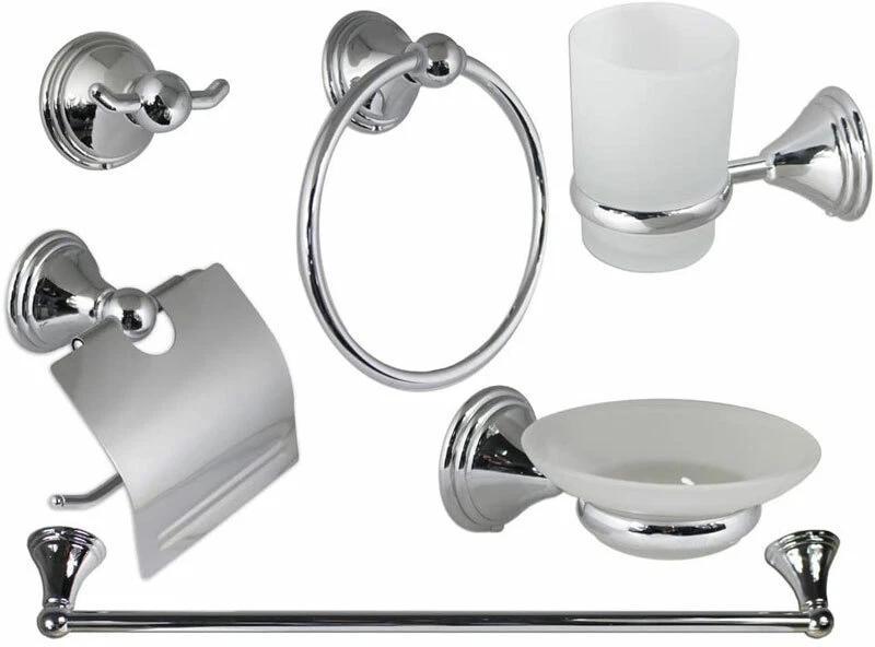 Set da bagno 6 pezzi in acciaio cromato e vetro satinato accessori bagno moderno - Immagine 1 di 1