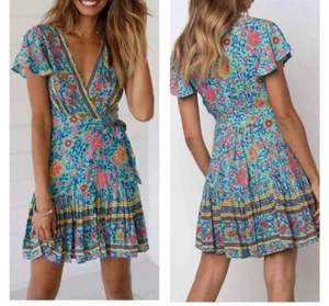 ZESICA Altalena donna estiva scollo a V stampa floreale bohemien volant linea A med - Foto 1 di 6