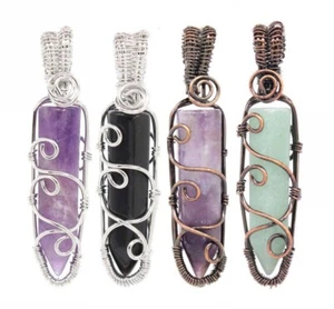 Colgantes de piedra de ágata de cuarzo de amatista natural hexagonal de cristal envuelto en alambre - Imagen 1 de 18