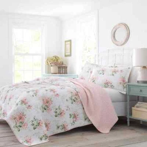 Laura Ashley Quilt Set 3-Piece Full Queen Cotton Honeysuckle Floral Pink - Picture 1 of 5