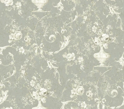 Urnas florales grises y crema de papel tapiz con desplazamiento de hojas en imitación gris, perno de 60 pies cuadrados Foto 1 de 2