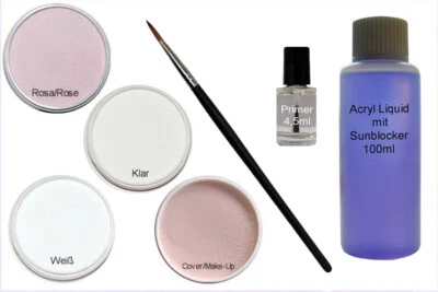 Set Acryl Pulver je10g Klar, Weiß, Rose, Makeup + Pinsel + Primer + 100ml Liquid