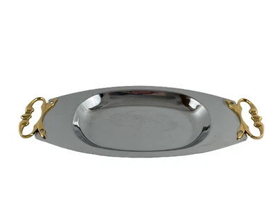 Kromex Vintage Oval Serving Tray Gold Handles USA Metal 14.5" Good Condition - Image 1 of 4