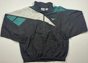 Vintage Reebok 90s Nylon Windbreaker Black Teal White Men’s L Zip Jacket Hidden Hood - Bild 1 von 19