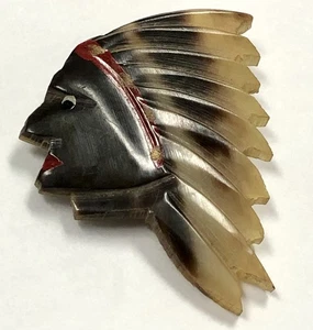 Hand-Carved Horn Brooch Vintage Native American Indian Profile Pin Argentine - Picture 1 of 9