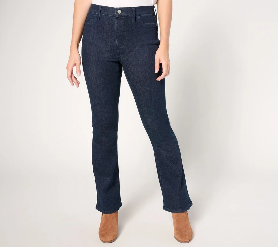 Denim & Co. Petite Indigo Easy Stretch Baby Bootcut Jean Dark Wash 12 New - Image 1 of 1