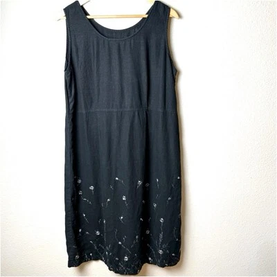Embroidered Floral Dress Womens Size 1X Black Linen Blend VTG Sag Harbor Cottage - Image 1 of 4