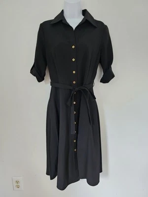 Sharagano Black Button Front Shirt Dress Size 4 Roll-tab 3/4 Sleeve Collar Belt - Image 1 of 4