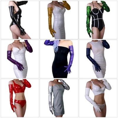 Glossy Faux Leather Elbow Length Gloves Trendy Costume Accessory Multiple Color - Image 1 of 4