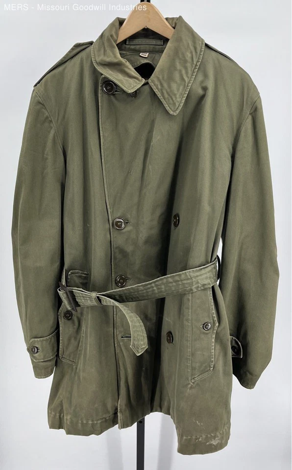 Men's Olive Green Double Breasted Trench Coat Medium Regular Wool Lined - Image 1 of 4