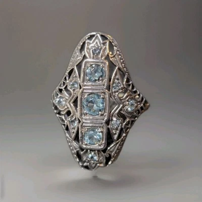Кольцо в винтажном эдвардианском стиле из стерлингового серебра 925 пробы с натуральным аквамарином размер 6 2076 - Изображение 1 из 4