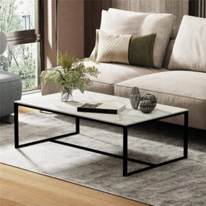 Real Marble Coffee Table Open Accent Living Room Table with Solid Metal Frame - Picture 1 of 30