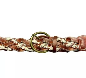 Flower Crochet Braided & Vegan Leather Western Belt Brass Buckle Large Boho - Picture 1 of 4