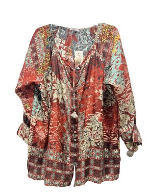 Blusa Johnny Was Seda IKAT Blise Preciosa Colores Otoño Calce Relajado Nueva con Etiquetas XL Foto 1 de 4