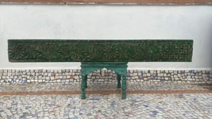 Old Indian Antique Wooden Dark Green Floral Leaf Hand Carved Door Wall Panel - Picture 1 of 9