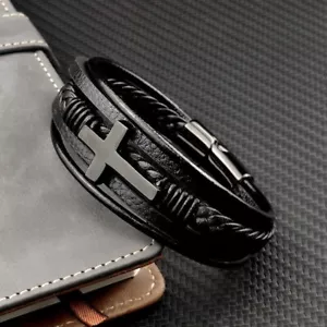 Pulsera de acero inoxidable de cuero trenzado cruzado para hombre puño brazalete regalo - Imagen 1 de 4
