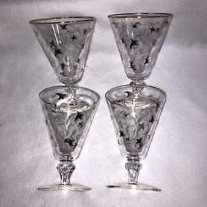 Libbey Royal Fern Gold & White Wine Water Glasses USA 5.5" Set of 4 Vintage MCM - Picture 1 of 11