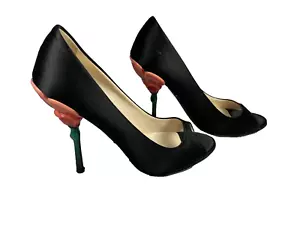 Prada Peep Toe Black Satin Stiletto Flower Heel Fairy Collection 35 1/2 Womens - Picture 1 of 12