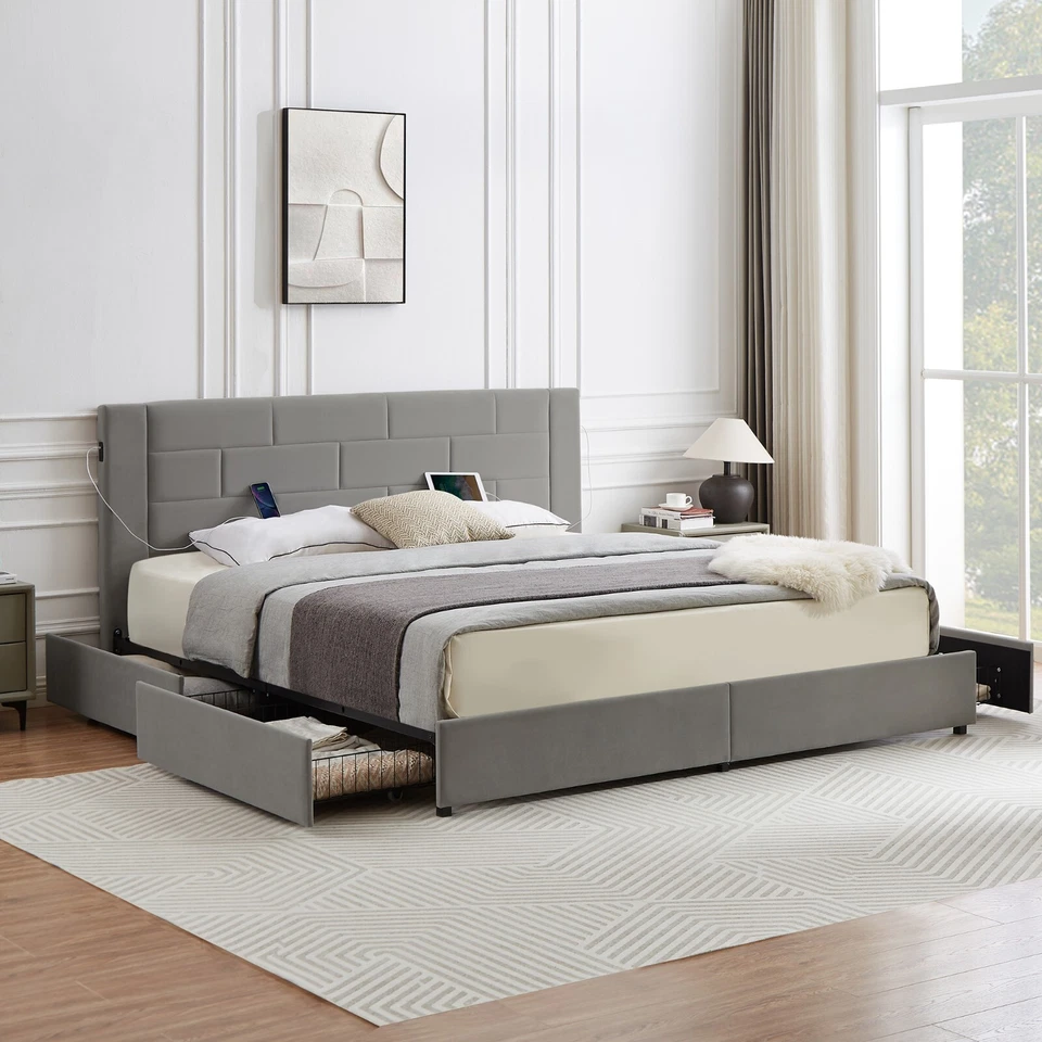 Marco de cama Queen King Size con 4 cajones de almacenamiento y puertos USB estación de carga Foto 1 de 4