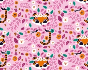Pink Tiger & Floral Print Cotton Jersey Fabric - BY THE METER - 59" / 149cm Wide - Picture 1 of 6