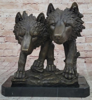 Decorazione Per Ufficio A Casa: Statua In Bronzo Originale Firmata Di Due Lupi - Immagine 1 di 4