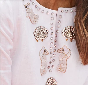 Neu mit Etikett! TALBOTS WEISS LEINEN BESTICKT PERLEN MUSCHEL SEEPFERDCHEN SHIRT TUNIKA TOP SP - Bild 1 von 15