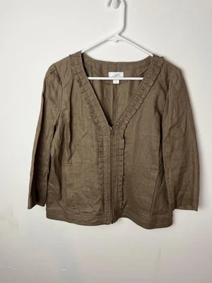 Куртка женская Ann Taylor LOFT 12 коричневая льняная с оборками отделка на молнии спереди рукав 3/4 - Изображение 1 из 4