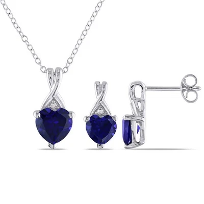 AMOUR 2-pc Set Of 3 3/4 CT TGW Created Blue Sapphire and Diamond Heart Pendant - Image 1 of 4
