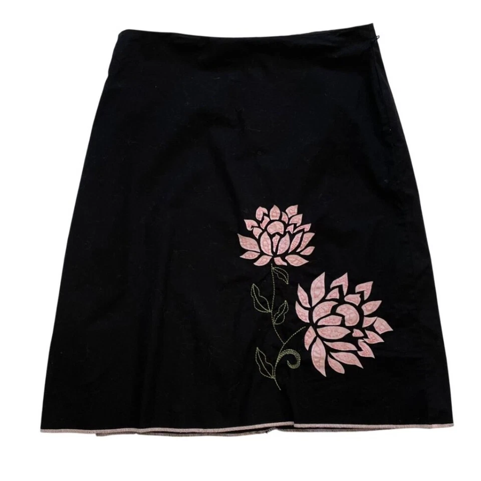 Heart Soul Black Cotton A-Line Skirt Pink Floral Applique Embroidered, Size 5 - Image 1 of 4