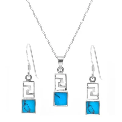 Silverly Set Argento 925 Collana Orecchini Turchese Simulato Stile Azteco - Immagine 1 di 3