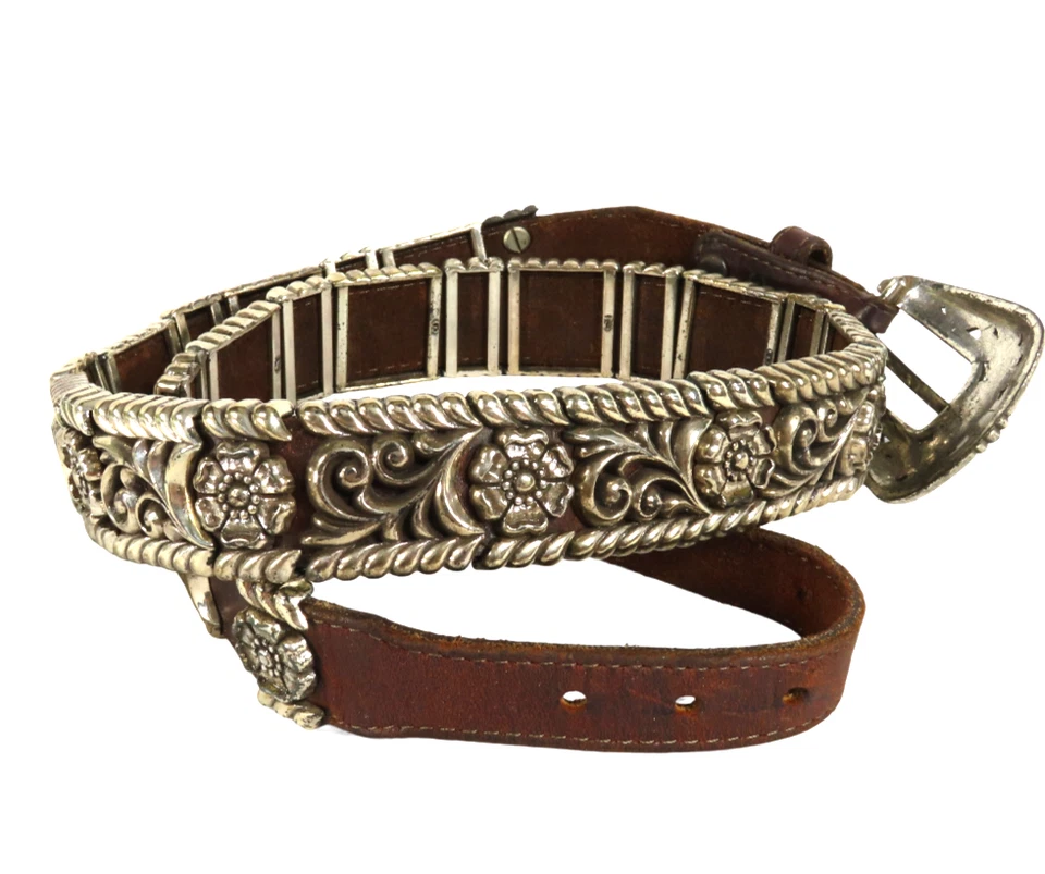 Cinturón De Cuero Marrón Brighton PLATA FLOR Y CUERDA CONCHO DESLIZANTE Pesado M/32 De Colección Foto 1 de 4