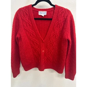Vintage Deans Of Scotland 100% Wolle Rot Cropped Grobstrick Cardigan Größe Small - Bild 1 von 8