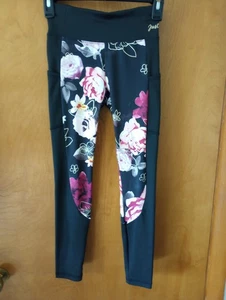 Justice Girl's Black Pink Floral Gold Accents Pockets Stretch Leggings Medium/10 - Picture 1 of 10