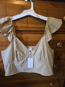 New "A New Day" Tan Halter Top Woven Women ruffle sleeve Elastic back Size Large - Picture 1 of 2