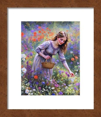 NEW HONEY WOOD FRAMED LANDSCAPE "Field of Flowers" 12.5x15.5 WITH GLASS signed - Image 1 of 4