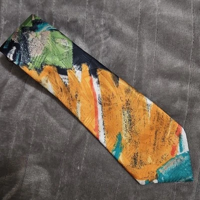 Hardy Amies Abstract Silk Tie & Pocket Square NWT Orange, Green & Blue 56" Long - Image 1 of 4