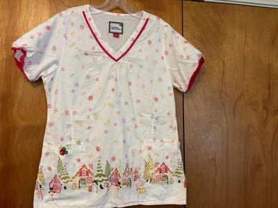 M~MARY ENGELBREIT~Scrub Top~CHRISTMAS~Cotton~CANDY + SNOWMEN~3 Pockets~LOGO~EUC - Image 1 of 4