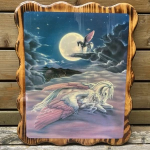Vintage 80’s Sue Dawe Unicorn Pegasus Large 19”x23” Lacquer Wood Art Plaque Rare - Picture 1 of 18