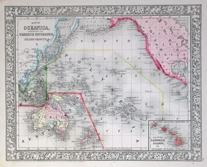 1864 MAP OF OCEANICA - PACIFIC ISLAND, SE ASIA - S.A. MITCHELL, JR ANTIQUE MAP - Picture 1 of 7