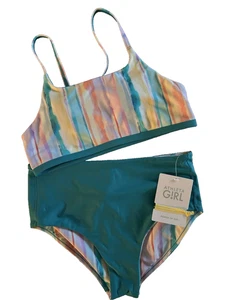 Neu mit Etikett * Athleta Mädchen wendbare hoch geschnittene Badehose & Oberteil * 14 (XL) * Streifen/Laguna - Bild 1 von 4