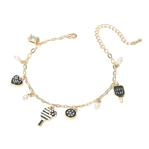 Let’s Play Message Enamel Pickleball Pearl Charm Station Bracelet - Picture 1 of 2