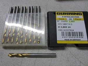 10 pcs GUHRING #24 / 3.86mm / 0.152" HSS Stub Machine Length TiN Coated Drills - Picture 1 of 1